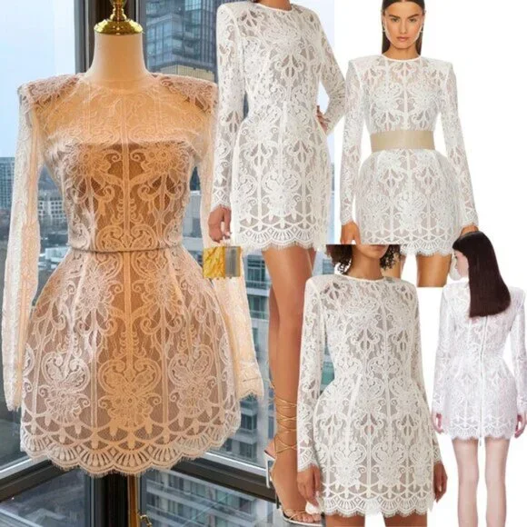 🆕 BRONX & BANCO 🧿 NWOT Casey White Lace Long Sleeve Mini Dress, Sz XS / US 2 - Picture 1 of 16